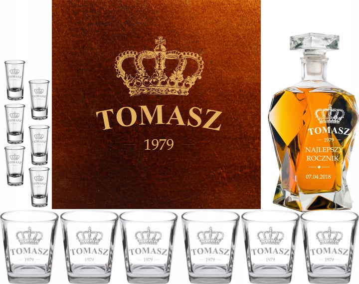 Engraved Decanter Set with 6 Glasses, 6 Shot Glasses and Custom Wooden Box