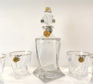 Crystal Whisky Decanter and Glasses with 925 Silver and Baltic Amber Details