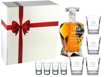 Engraved Decanter Set with 4 Shot Glasses and 4 Drinking Glasses