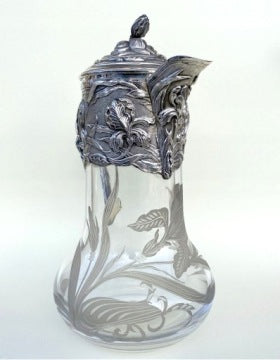 Art Nouveau Iris Decanter Pitcher with Sterling Silver 925 Details