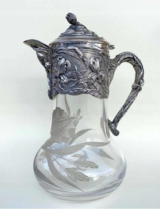 Art Nouveau Iris Decanter Pitcher with Sterling Silver 925 Details