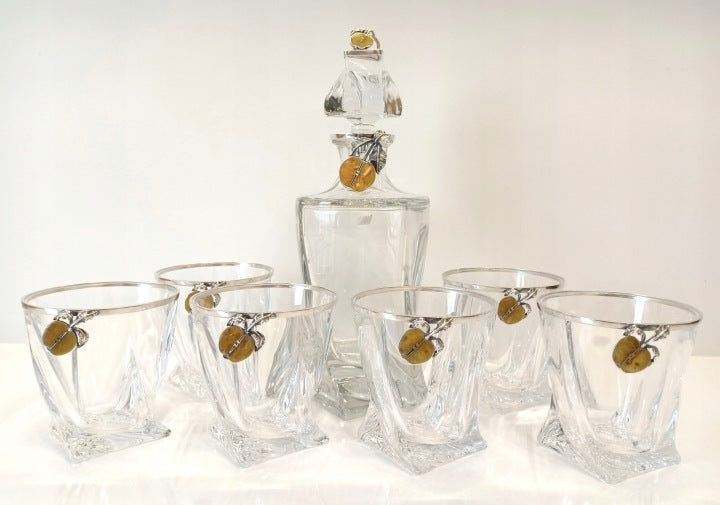 Crystal Whisky Decanter and Glasses with 925 Silver and Baltic Amber Details