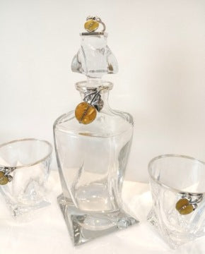 Crystal Whisky Decanter and Glasses with 925 Silver and Baltic Amber Details