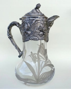 Art Nouveau Iris Decanter Pitcher with Sterling Silver 925 Details