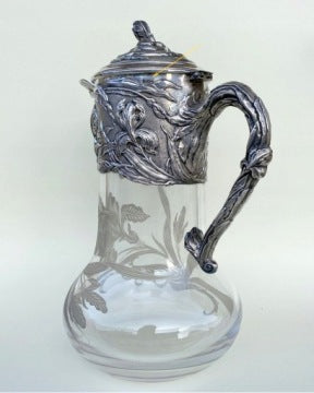 Art Nouveau Iris Decanter Pitcher with Sterling Silver 925 Details