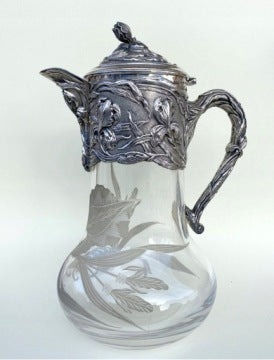 Art Nouveau Iris Decanter Pitcher with Sterling Silver 925 Details
