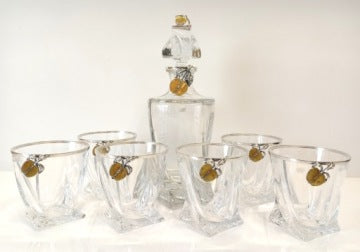 Crystal Whisky Decanter and Glasses with 925 Silver and Baltic Amber Details