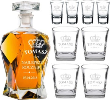 Engraved Decanter Set with 4 Shot Glasses and 4 Drinking Glasses