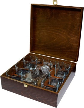 Engraved Decanter Set with 6 Glasses, 6 Shot Glasses and Custom Wooden Box