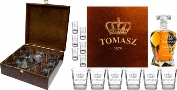 Engraved Decanter Set with 6 Glasses, 6 Shot Glasses and Custom Wooden Box