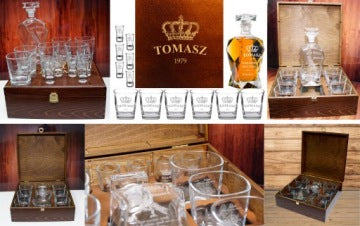 Engraved Decanter Set with 6 Glasses, 6 Shot Glasses and Custom Wooden Box