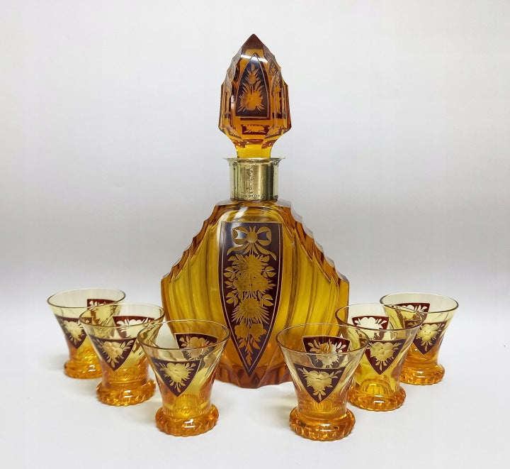 1936 Crystal Decanter and Glass Set with Silver Mounting