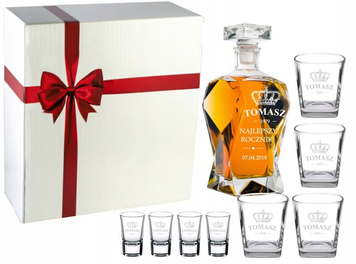 Engraved Decanter Set with 4 Shot Glasses and 4 Drinking Glasses