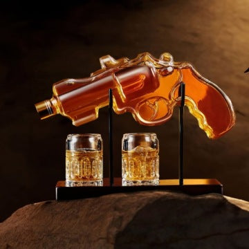Revolver-Shaped Whisky Decanter Set with 2 Shot Glasses
